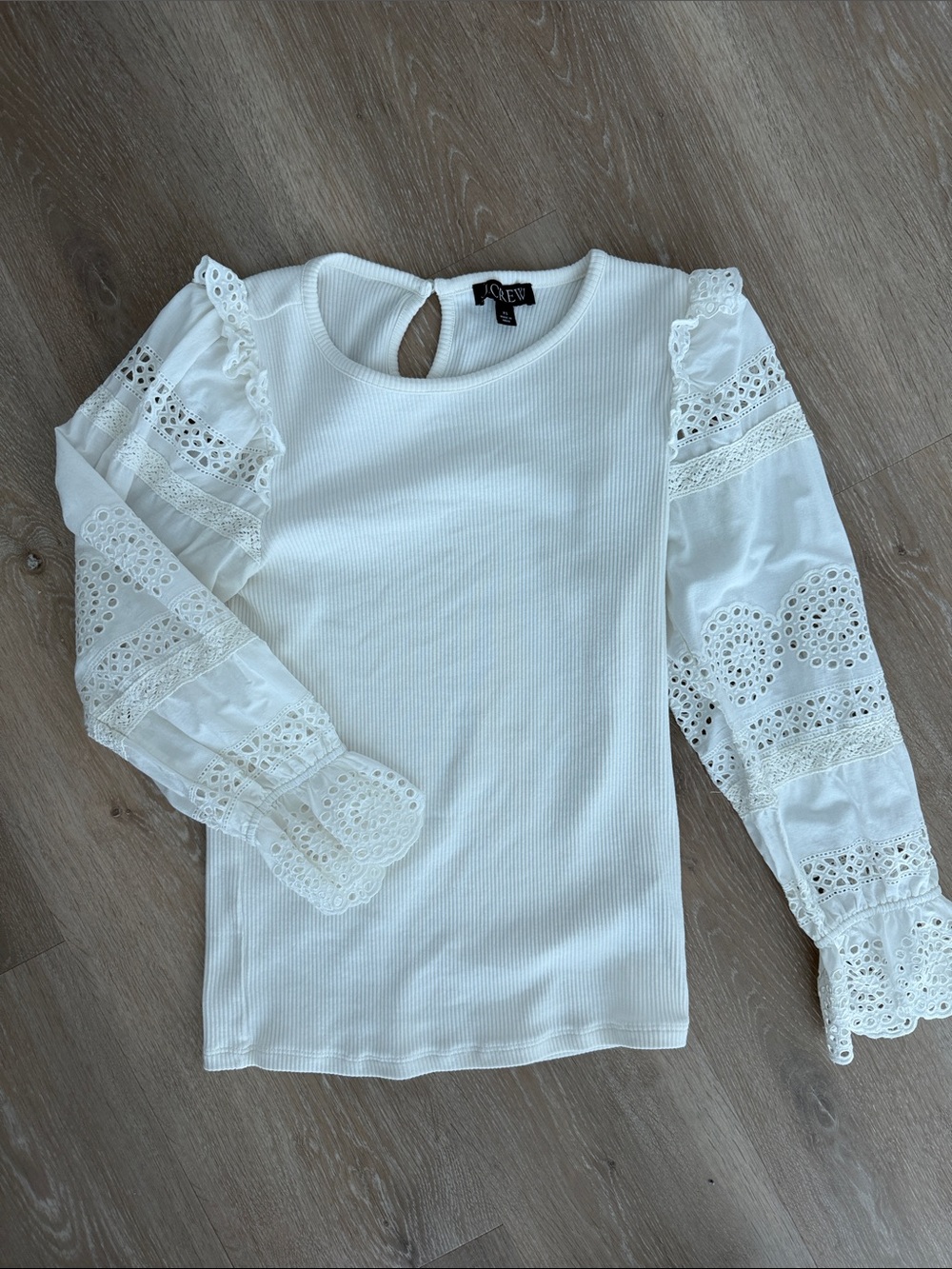 J. Crew White Ribbed Top with Lace Eyelet Long Sleeves